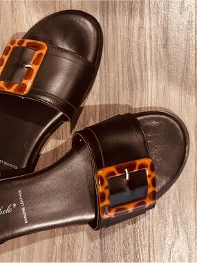 Genuine Italian Leather Tortoiseshell Slide Sandals Buckle Accent US 9.5 Summer